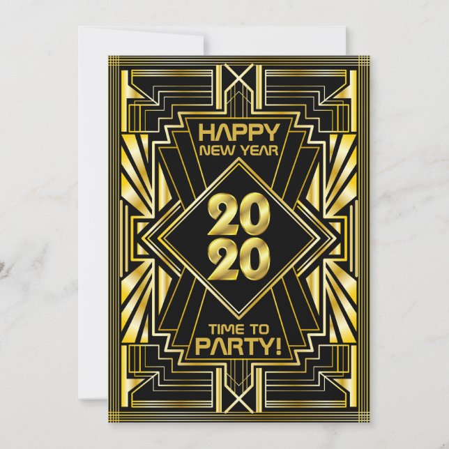 Invitación Fiesta Art Déco de Año Nuevo 2020 Gatsby negro dor (Anverso)