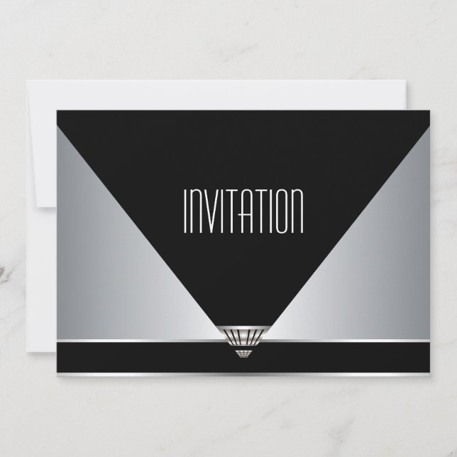 Invitación Fiesta Art Deco Negro Plata (Anverso)