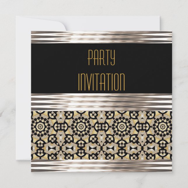 Invitación Fiesta Art Deco Negro Plata Dorado (Anverso)