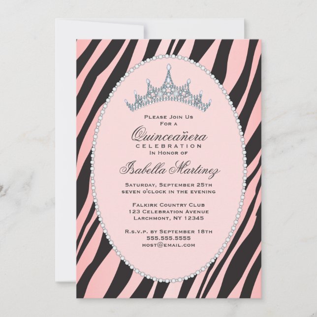 Invitación Fiesta atractivo de princesa Tiara Zebra Pink (Anverso)