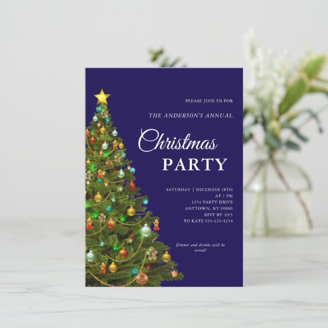 Invitación Fiesta azul de árbol de Navidad mínimo moderno (Anverso de pie)