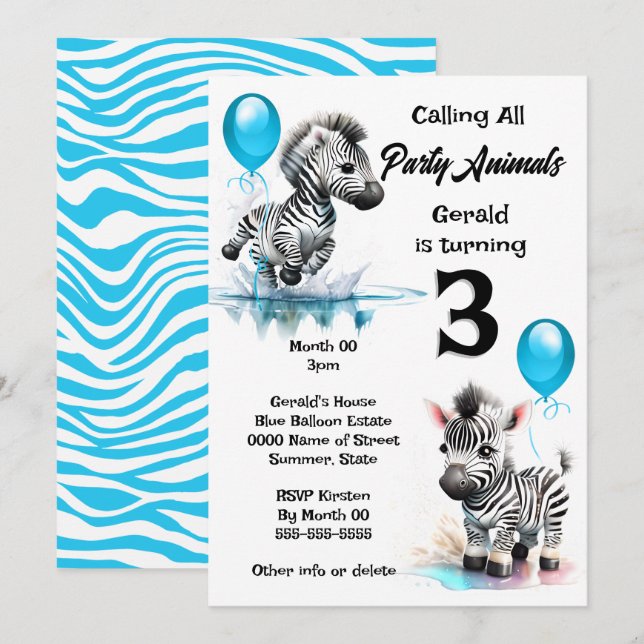 Invitación Fiesta azul de cumpleaños de los niños del safari  (Anverso / Reverso)