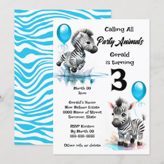 Invitación Fiesta azul de cumpleaños de los niños del safari