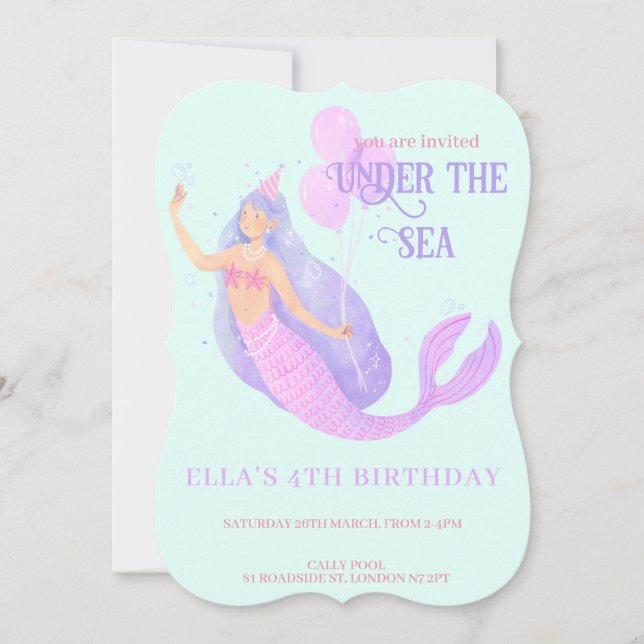 Invitación Fiesta azul de cumpleaños de Sirena bajo el mar (Anverso)
