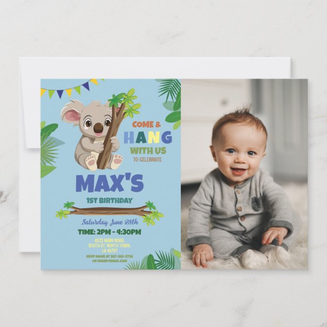 Invitación Fiesta azul de Koala Foto de cumpleaños (Anverso)