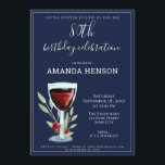 Invitación Fiesta azul de la Marina de Vino Rojo en su 80 ani<br><div class="desc">Invitación a la moderna fiesta azul de la Marina de Vino Rojo en el 80 aniversario. Invitación a la fiesta de cumpleaños número 80 para ella o él. Invitación con una copa de vino tinto, rosas y ramas sobre un fondo azul marino. El texto está en blanco y es totalmente...</div>