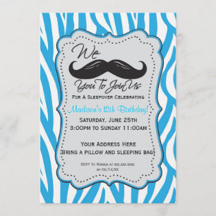 Invitación ¡Fiesta azul del Sleepover del bigote de la cebra!