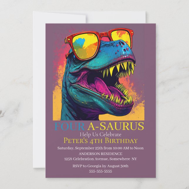 Invitación Fiesta Azul Dino 4Invitación de cumpleaños a los d (Anverso)