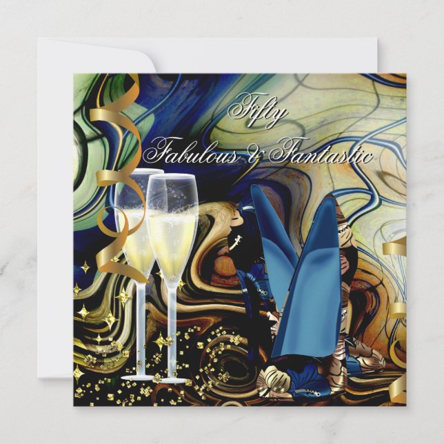 Invitación Fiesta Azul Dorado Beige Abstracto Fantástico Fabu (Anverso)