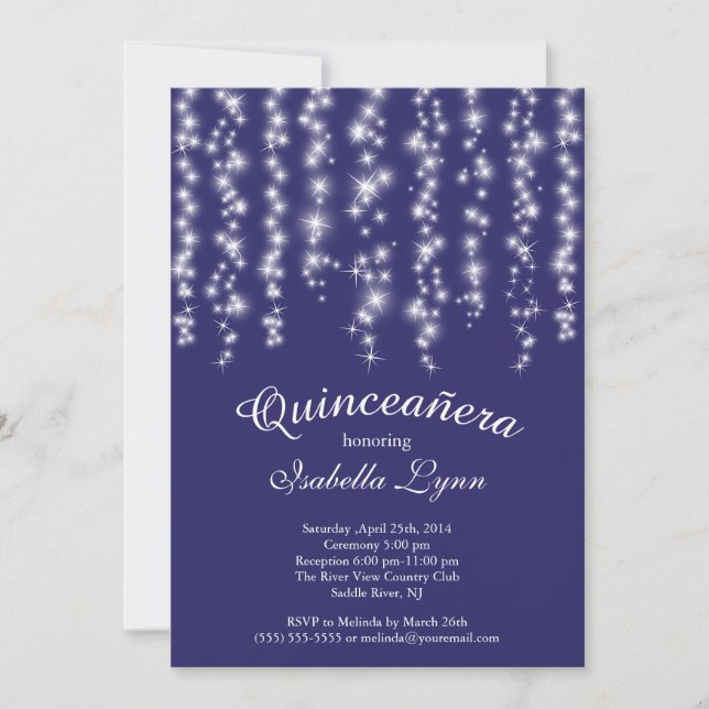 Invitación Fiesta azul elegante de Quinceañera de las luces (Anverso)