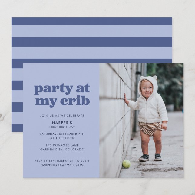 Invitación Fiesta azul en mi primer Fiesta de cumpleaños (Anverso / Reverso)