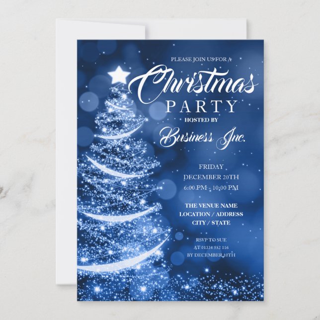 Invitación FIESTA azul esparkle de árbol navideño CORPORATIVO (Anverso)