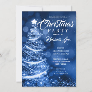 Invitación FIESTA azul esparkle de árbol navideño CORPORATIVO