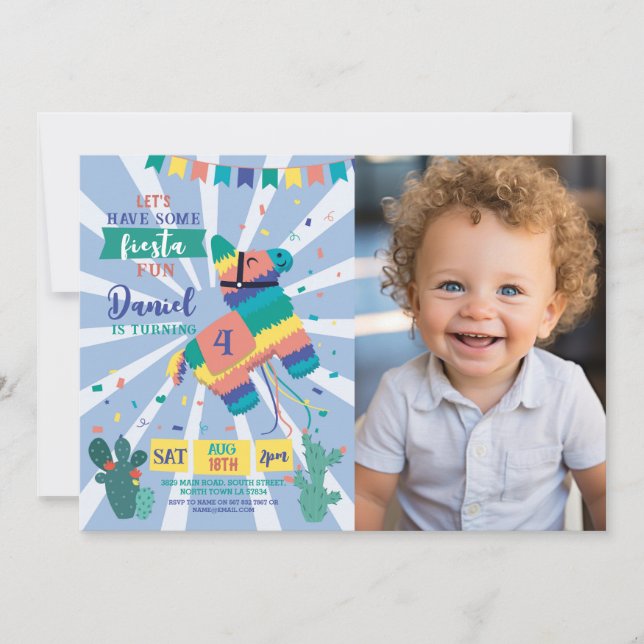 Invitación Fiesta Azul Fiesta Mexicana de Cumpleaños de Piñat (Anverso)