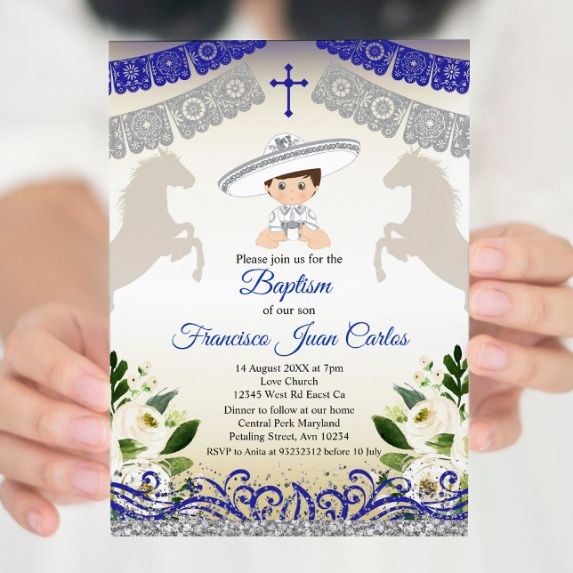 Invitación Fiesta azul marina de plata azul bautismo bautizo (Subido por el creador)