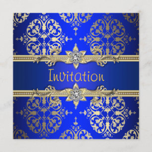 Invitación Fiesta azul real Damask de oro azul azul