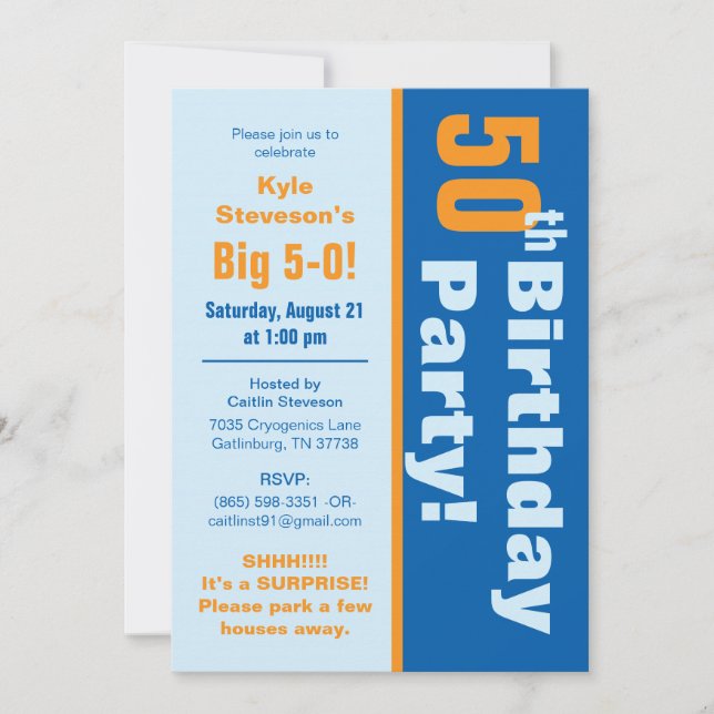 Invitación Fiesta azul y 50.a de cumpleaños del naranja (Anverso)