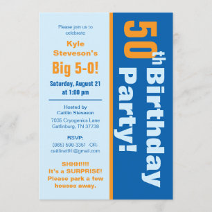 Invitación Fiesta azul y 50.a de cumpleaños del naranja