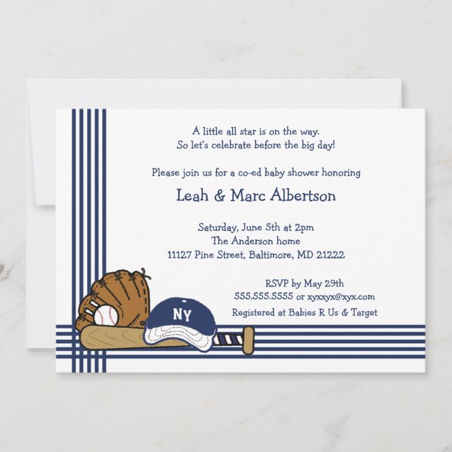 Invitación Fiesta azul y blanca del béisbol Baby Shower/de (Anverso)