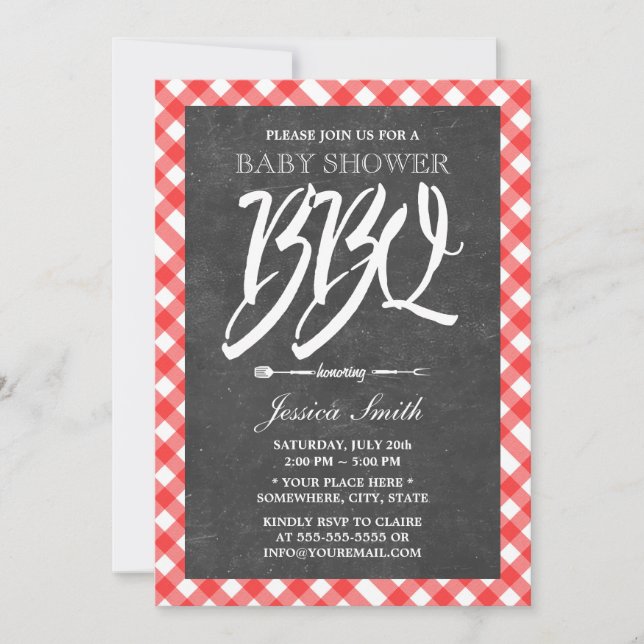 Invitación Fiesta Baby Shower BBQ Red Plaid & Chalkboard (Anverso)