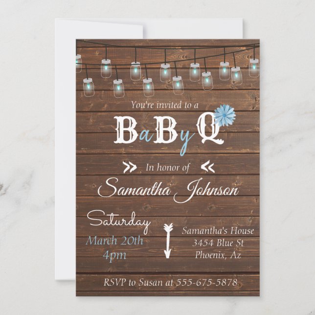 Invitación Fiesta Baby Shower Blue Boy BBBQ Rustic Wood (Anverso)