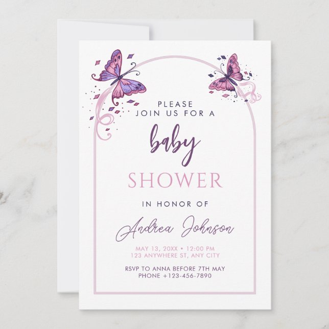 Invitación Fiesta Baby Shower Chica de mariposas rosadas Deli (Anverso)