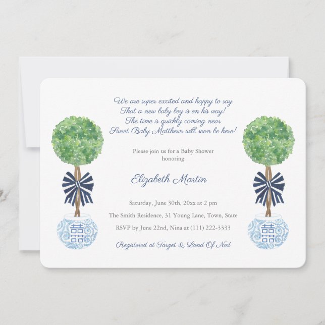 Invitación Fiesta Baby Shower Classic Dark Blue And White Boy (Anverso)