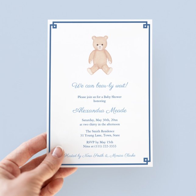 Invitación Fiesta Baby Shower Classic Teddy Bear Boy (Timeless Teddy Bear Baby Shower Invitation Design With Navy Blue And White Greek Key Backer)