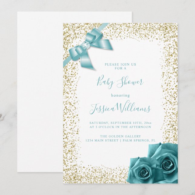 Invitación Fiesta Baby Shower de Bow y Rosas Purpurina Gold (Anverso / Reverso)