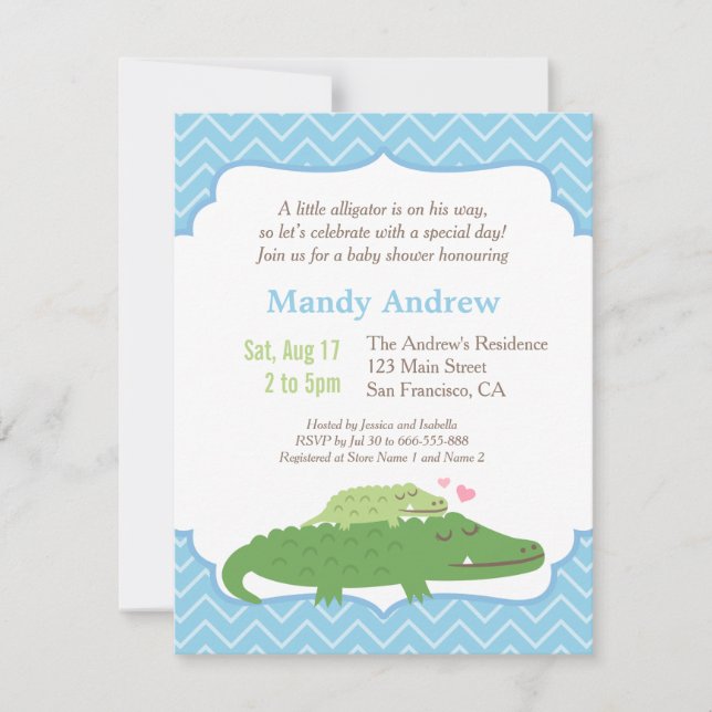 Invitación Fiesta Baby Shower de caimán azul moderno (Anverso)