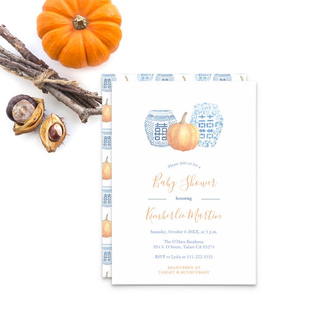 Invitación Fiesta Baby Shower de calabaza de jengibre azul cl (Ginger Jars With Orange Pumpkin And Text Baby Shower Party Invitation)