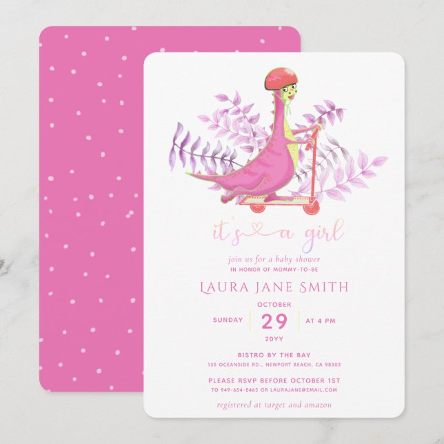 Invitación Fiesta Baby Shower de Cute Pink Dinosaur Scooter C (Anverso / Reverso)