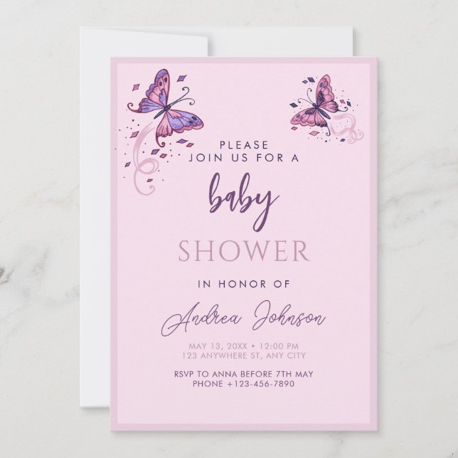 Invitación Fiesta Baby Shower de mariposa rosa morada bonito (Anverso)