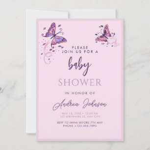 Invitación Fiesta Baby Shower de mariposa rosa morada bonito