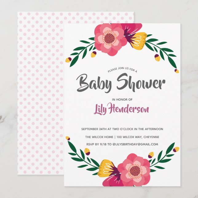 Invitación Fiesta Baby Shower de Punto de Polka Floral Rosa (Anverso / Reverso)