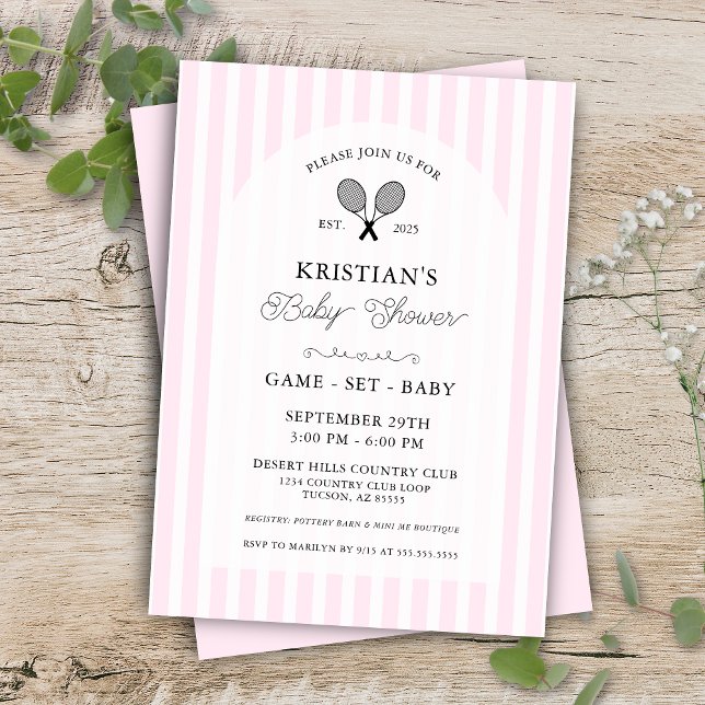 Invitación Fiesta Baby Shower del Club Campestre Pink Girly (Pink tennis theme game set baby preppy pin stripe elegant country club baby shower invitations)