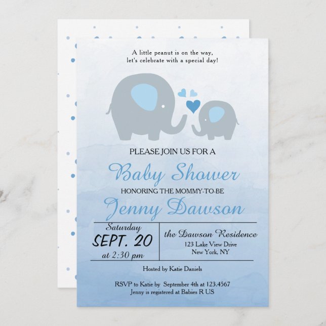 Invitación Fiesta Baby Shower Elephant Azul (Anverso / Reverso)