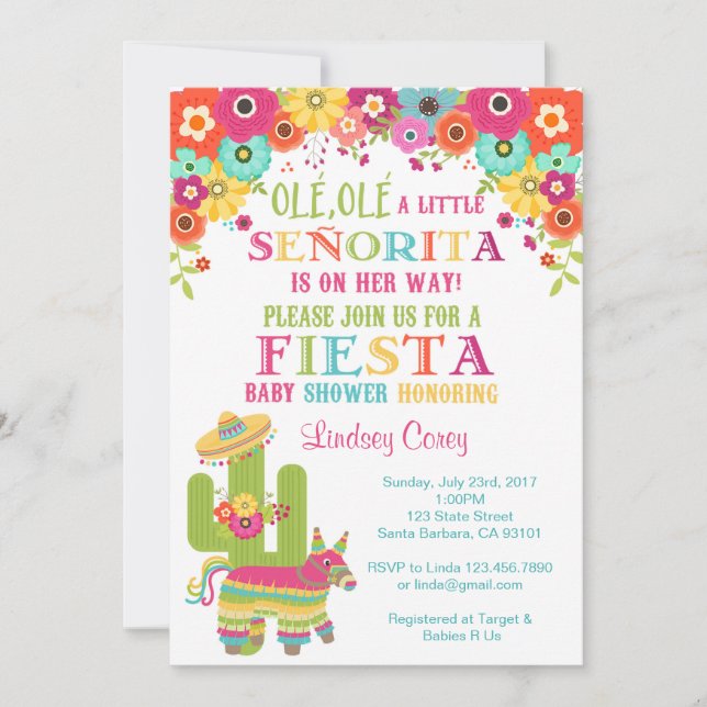 Invitación Fiesta Baby Shower Invitation~ Piñata y flores (Anverso)