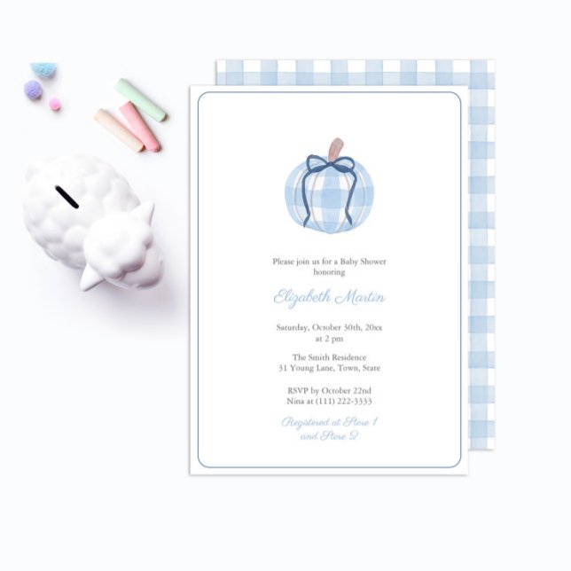 Invitación Fiesta Baby Shower Preppy Blue Gingham Pumpkin Boy (Preppy Blue And White Gingham Plaid pumpkin baby shower for boy invitation with matching backer)