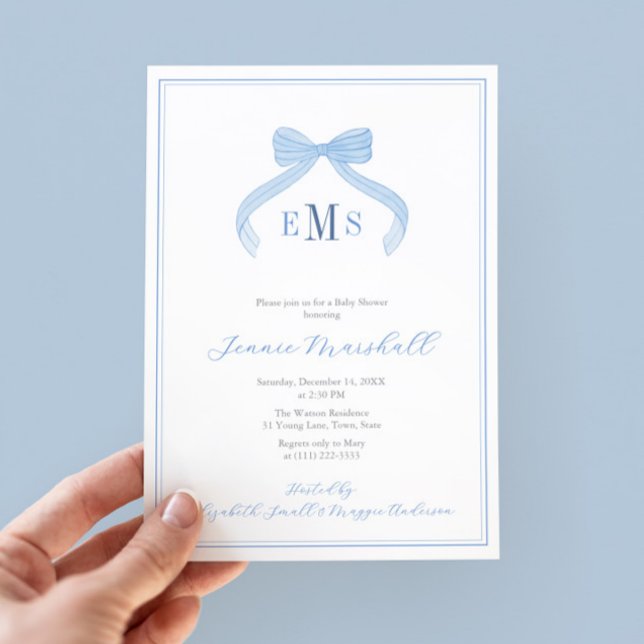 Invitación Fiesta Baby Shower Preppy Monograma Blue Bow Boy (Elegant blue bow monogram baby shower for boy invite with blue white regency stripes backer)