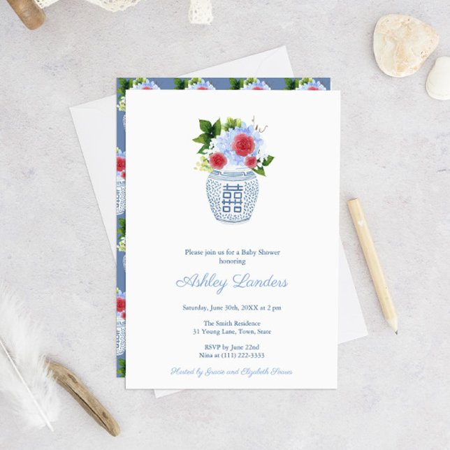 Invitación Fiesta Baby Shower Preppy Red White Blue Boy (Baby Shower Invitation With Red White Blue Florals In Ginger Jar Vase And Repeat Pattern Vase Backer)