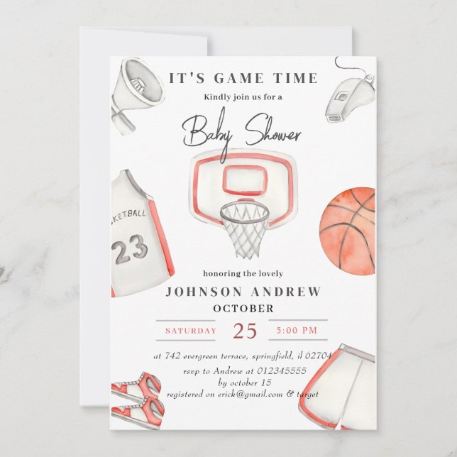 Invitación Fiesta Baby Shower simple personal de baloncesto (Anverso)