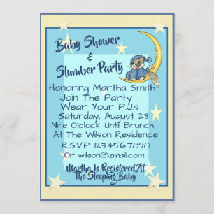 Invitación Fiesta Baby Shower & Slumber W/Moon, Stars & Cat