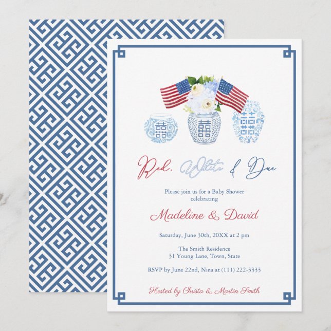 Invitación Fiesta Baby Shower Smart Red White Due Chinoiserie (Anverso / Reverso)