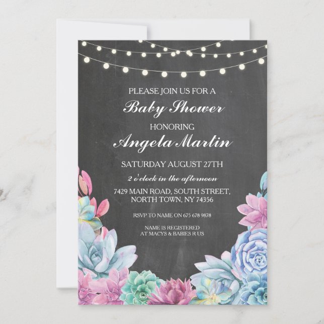Invitación Fiesta Baby Shower Suculents Floral Chalk Invite (Anverso)