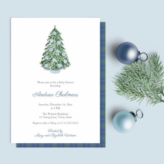 Invitación Fiesta Baby Shower Watercolor Christmas Tree Boy (Elegant Watercolor blue and white decorated Christmas Holidays Tree Baby Shower Party Invitation)