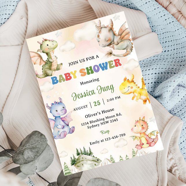 Invitación Fiesta Baby Shower Watercolor Cute Dragon (Subido por el creador)