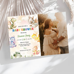 Invitación Fiesta Baby Shower Watercolor Cute Dragon