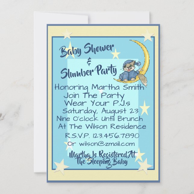 Invitación Fiesta Baby Shower y Slumber W/Moon, Stars & Cat (Anverso)