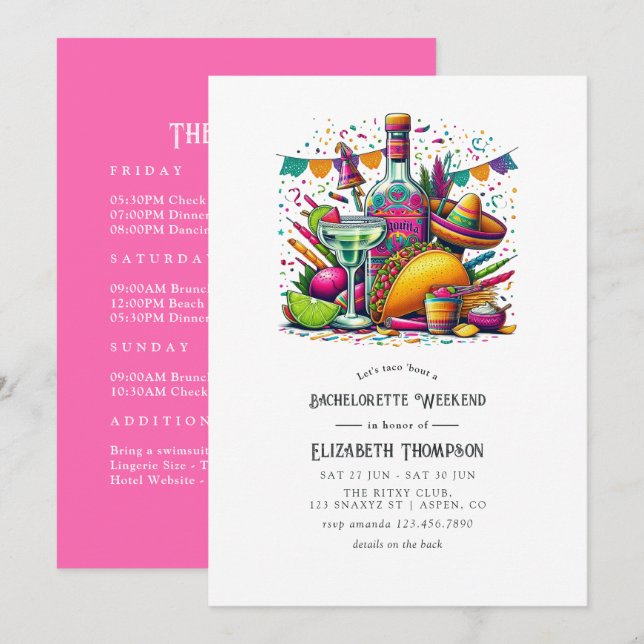 Invitación Fiesta Bachelorette Weekend con Tacos y Tequila (Anverso / Reverso)